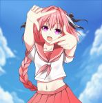  1boy :d astolfo_(fate) bangs black_bow blue_sky blurry bow braid clouds cloudy_sky collarbone commentary_request crop_top crop_top_overhang day depth_of_field eyebrows_visible_through_hair eyelashes fang fate/apocrypha fate/grand_order fate_(series) finger_frame foreshortening hair_between_eyes hair_bow hair_intakes hands_up happy head_tilt long_hair looking_at_viewer male_focus multicolored_hair navel neckerchief open_mouth outdoors outstretched_arms pink_hair pink_neckwear pleated_skirt qingchen_(694757286) raised_eyebrows red_sailor_collar red_skirt sailor_collar school_uniform serafuku shirt short_sleeves single_braid skirt sky sleeve_cuffs smile solo standing stomach streaked_hair trap two-tone_hair upper_body violet_eyes white_hair white_shirt 