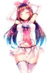  ^_^ a.i._channel armpits arms_up blush bow breasts brown_hair closed_eyes detached_sleeves eyebrows_visible_through_hair gluteal_fold hair_bow highres kizuna_ai long_hair medium_breasts midriff pink_bow silly_(marinkomoe) skirt smile thigh-highs thigh_gap virtual_youtuber white_background 