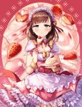  1girl absurdres apron blue_eyes breasts brown_hair cake cleavage corset cowboy_shot earrings expressionless food fork frilled_apron frills fruit heart heart_earrings highres holding holding_plate idolmaster idolmaster_cinderella_girls idolmaster_cinderella_girls_starlight_stage jewelry jitome lgw7 looking_at_viewer macaron maid_headdress medium_breasts pink_background pink_skirt plate puffy_sleeves sakuma_mayu short_hair skirt solo strawberry strawberry_shortcake swiss_roll white_apron wrist_cuffs 