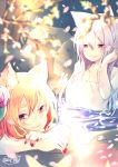  2girls animal_ears bangs blonde_hair blurry blurry_foreground blush breasts cat_ears chita_(ketchup) cleavage closed_mouth collarbone commentary_request depth_of_field eyebrows_visible_through_hair fingernails flower fox_ears fox_girl fox_tail hair_between_eyes hair_flower hair_ornament hand_up highres large_breasts long_hair multiple_girls nail_polish naked_towel original partially_submerged petals pink_flower purple_nails red_eyes silver_hair smile tail thick_eyebrows towel very_long_hair water 