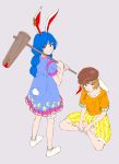  2girls aimai-me ambiguous_red_liquid animal_ears bangs blonde_hair blue_dress blue_hair bunny_tail crescent_moon_symbol dress ear_clip eating eyebrows_visible_through_hair flat_cap floppy_ears frilled_dress frills hat indian_style long_hair looking_at_viewer mallet multiple_girls orange_shirt pants puffy_short_sleeves puffy_sleeves rabbit_ears red_eyes ringo_(touhou) seiran_(touhou) shirt short_hair short_sleeves shorts simple_background sitting smile socks star tail touhou yellow_pants 