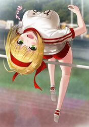  1girl ahoge ass azuki_yui bangs blonde_hair blush braid breasts buruma eyebrows_visible_through_hair fate/extra fate/grand_order fate_(series) french_braid green_eyes gym_uniform hair_bun hair_intakes jumping large_breasts legs name_tag nero_claudius_(fate) nero_claudius_(fate)_(all) olympian_bloomers open_mouth pole_vault red_headband shirt shoes sneakers solo thighs white_shirt 