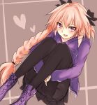  1boy :3 :d ankle_boots astolfo_(fate) bangs black_bow black_legwear black_skirt blush boots bow braid commentary_request cross-laced_footwear eyebrows_visible_through_hair fang fate/apocrypha fate_(series) grey_background hair_between_eyes hair_bow heart highres hood hood_down hooded_jacket jacket knees_together_feet_apart knees_up lace-up_boots leg_hug long_hair long_sleeves looking_at_viewer male_focus miniskirt open_mouth pantyhose pink_hair pleated_skirt purple_footwear purple_jacket simple_background single_braid sketch skirt smile solo tanaji trap violet_eyes 
