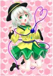  1girl :o artist_request breasts commentary_request eyebrows_visible_through_hair full_body green_eyes grey_hair heart heart_background heart_of_string highres honeycomb_(pattern) honeycomb_background komeiji_koishi midair pink_heart short_hair small_breasts solo third_eye touhou 