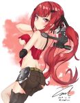  1girl ass axe back bangs bare_shoulders belt black_gloves blush breasts brown_pants closed_mouth cz-75_(girls_frontline) dated eyebrows_visible_through_hair girls_frontline gloves hair_ornament hair_ribbon hairclip holding holding_axe long_hair looking_at_viewer medium_breasts one_leg_raised pants red_eyes redhead ribbon scope shoulder_blades sidelocks signature simple_background sleeveless solo torn_clothes twintails twitter_username under_boob unel1211 weapon 