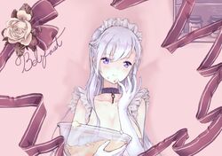  1girl azur_lane belfast_(azur_lane) blush bowl braid breasts chains character_name cleavage closed_mouth dough elbow_gloves english eyebrows_visible_through_hair finger_to_mouth flower french_braid frilled_gloves frills gloves hair_between_eyes holding holding_bowl large_breasts long_hair looking_at_viewer maid_headdress pot ribbon rose shelf signature silver_hair smile solo tsunano_(koi_pink) upper_body violet_eyes white_gloves 