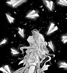  1girl black_background dress greyscale long_hair looking_up migite09 monochrome original paper_airplane profile solo stipple_coloring 
