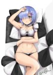  1girl absurdres bangs black_panties blue_eyes blue_hair bow bow_bra bra breasts choker cleavage frilled_choker frills from_above hair_ornament hair_over_one_eye highres looking_at_viewer lying medium_breasts navel on_back panties parted_lips purple_ribbon re:zero_kara_hajimeru_isekai_seikatsu rem_(re:zero) ribbon short_hair solo underwear underwear_only white_bra x_hair_ornament yonago_miko 