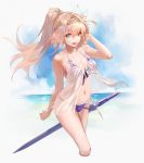 1girl :d arm_behind_back arm_up babydoll bare_shoulders bikini blonde_hair blue_eyes blue_sky breasts cleavage clouds collarbone cropped_legs day eyebrows_visible_through_hair flower front-tie_bikini front-tie_top granblue_fantasy ha2ru hair_between_eyes hair_flower hair_intakes hair_ornament hairband halterneck hand_in_hair high_ponytail horizon jeanne_d&#039;arc_(granblue_fantasy) light_brown_hair long_hair looking_at_viewer medium_breasts navel ocean open_mouth outdoors purple_bikini purple_ribbon revision ribbon sheath sheathed side-tie_bikini sky smile solo standing stomach swimsuit sword thighs under_boob water weapon white_ribbon 