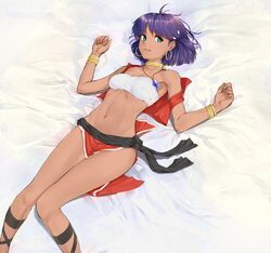  1girl :3 bandeau bed_sheet bracelet cross-laced_sandals dark_skin erect_nipples fushigi_no_umi_no_nadia green_eyes hair_ornament hairclip jewelry loincloth lying midriff nadia neck_ring necklace on_bed solo sugino_souichi vest 