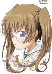  1girl bangs black_ribbon blouse brown_eyes brown_hair closed_mouth commentary_request cropped_neck dated excel_(shena) eyebrows_visible_through_hair face floral_background girls_und_panzer glasses hair_ribbon highres long_hair looking_at_viewer ooarai_school_uniform oono_aya ribbon round_eyewear school_uniform serafuku solo transparent twintails twitter_username white_background white_blouse 