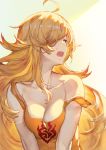  1girl ahoge bare_shoulders blonde_hair blush breast_squeeze breasts cleavage collarbone commentary_request eyebrows_visible_through_hair hair_over_one_eye izumi_sai light long_hair looking_afar looking_away looking_to_the_side medium_breasts messy_hair open_mouth orange_tank_top partial_commentary print_shirt rwby shiny shiny_hair shirt sleeveless solo strap_slip tank_top upper_body upper_teeth very_long_hair violet_eyes waking_up yang_xiao_long 