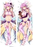  1girl :p angel_wings armpits arms_behind_head artist_request bed_sheet blush book breasts bridal_gauntlets commentary_request crop_top dakimakura feathered_wings gloves gradient_hair halo jibril_(no_game_no_life) large_breasts long_hair low_wings lying magic_circle midriff mismatched_legwear multicolored multicolored_eyes multicolored_hair multiple_views naughty_face navel no_game_no_life on_back orange_eyes parted_lips pink_hair sideboob tattoo tongue tongue_out very_long_hair white_wings wing_ears wings yellow_eyes 