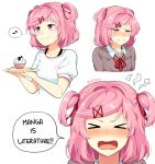 &gt;_&lt; 1girl :d animal_print artist_name bangs blazer blush casual cat_print closed_eyes closed_mouth collarbone commentary crying crying_with_eyes_open cupcake doki_doki_literature_club facing_viewer fang food grey_jacket hair_ornament hairclip half-closed_eyes holding holding_plate jacket long_sleeves looking_to_the_side multiple_views musical_note natsuki_(doki_doki_literature_club) no_legs nose_blush open_mouth pink_eyes pink_hair plate portrait ribbon riifumu school_uniform shirt short_hair short_sleeves simple_background smile speech_bubble tears two_side_up upper_body wavy_mouth white_background white_shirt wing_collar xd 