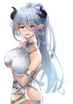  1girl armband bare_shoulders blue_hair blush breast_hold breasts collarbone cross-laced_clothes draph eyebrows_visible_through_hair flower granblue_fantasy hair_between_eyes hair_flower hair_ornament halterneck hips horns izmir large_breasts long_hair looking_at_viewer mole mole_under_mouth nishitaka pointy_ears ponytail red_eyes simple_background smile solo swimsuit underboob_cutout waist white_background white_swimsuit 