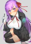  1girl bb_(fate/extra_ccc) black_legwear body_mahattaya_ginga breasts fate/extra fate/extra_ccc fate/grand_order fate_(series) hair_ribbon holding holding_wand large_breasts looking_at_viewer purple_hair red_ribbon ribbon shiny shiny_hair shiny_skin simple_background sitting solo stting violet_eyes wand 