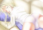  1girl ass bangs blonde_hair closed_eyes commentary_request couch crotch_seam eyebrows_visible_through_hair gusset highres lace lace-trimmed_panties long_hair lying no_pants on_stomach original panties parted_lips pillow pillow_hug shirt solo underwear white_panties white_shirt yayoi_hatomi 