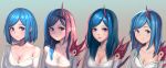  1girl bangs blue_eyes blue_hair blush bob_cut braid breasts chinese_commentary cleavage closed_mouth collarbone commentary_request demon_girl expressionless eyebrows_visible_through_hair french_braid gem gradient gradient_background green_background highres horn light_smile long_hair looking_at_viewer medium_breasts moonandmist off_shoulder oni_horn original parted_bangs ribbed_sweater shade shadow shiny shiny_hair shiny_skin short_hair shoulder_spikes sidelocks single_bare_shoulder smile spikes striped sunlight sweater upper_body v-neck variations white_sweater 