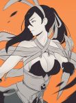  1girl animal_ears bare_shoulders breasts bunny_girl bunnysuit carrot cleavage corset detached_collar fire_emblem fire_emblem_heroes fire_emblem_if food gloves greyscale hair_over_one_eye hair_ribbon hair_tie high_ponytail highres holding holding_food japanese_clothes kagerou_(fire_emblem_if) koyorin large_breasts long_hair looking_back monochrome ninja obi orange_background ponytail rabbit_ears ribbon rope sash scarf solo tied_hair 