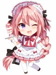  1boy ;d alternate_costume astolfo_(fate) black_ribbon blush braid enmaided fang fate_(series) full_body hair_ribbon long_hair looking_to_the_side maid maid_headdress one_eye_closed open_mouth pink_hair ribbon simple_background single_braid skirt smile solo thigh-highs trap tsukudani_norio very_long_hair violet_eyes white_background white_legwear white_skirt 