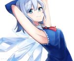  1girl armpits arms_behind_head arms_up bangs blue_bow blue_dress blue_eyes blue_hair bow cirno closed_mouth dress eyebrows_visible_through_hair from_side hair_between_eyes hair_bow ice ice_wings kuroda_(chokobo_314) looking_at_viewer red_neckwear short_hair simple_background smile solo touhou twitter_username upper_body white_background wings 