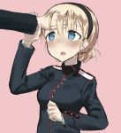  1girl blonde_hair blue_eyes blush braid braided_bun fankupl hand_on_forehead military military_uniform noble_witches open_mouth rosalie_de_hemricourt_de_grunne simple_background solo strike_witches uniform wavy_mouth world_witches_series 