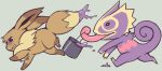  alternate_color commentary creature eevee gen_1_pokemon gen_3_pokemon glitchedpuppet grey_background kecleon no_humans not_shiny_pokemon paint pokemon_(creature) running simple_background 