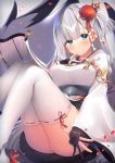  1girl absurdres azur_lane bangs black_gloves black_skirt blue_eyes blunt_bangs blurry blush breasts depth_of_field eyebrows_visible_through_hair gloves grey_hair hair_ornament hakama_skirt hand_up highres japanese_clothes jiiwara kanzashi kimono knees_up legs_together long_hair looking_at_viewer medium_breasts mole mole_under_eye one_side_up parted_lips partly_fingerless_gloves petals pleated_skirt ribbon-trimmed_legwear ribbon_trim shoukaku_(azur_lane) silver_hair skirt smile solo thigh-highs thighs white_kimono white_legwear wide_sleeves 