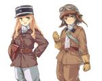  2girls alternate_costume belt black_hair blonde_hair brown_eyes character_request commentary drill_hair girls_und_panzer gloves goggles goggles_on_headwear green_eyes hand_on_hip hat helmet holster long_hair longmei_er_de_tuzi military military_hat multiple_girls pilot_suit scarf short_hair uniform white_background world_war_ii 