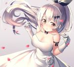  1girl alternate_costume bangs bare_shoulders blush bow breasts brown_eyes cleavage commentary_request dress eyebrows_visible_through_hair five-seven_(girls_frontline) flower girls_frontline gloves hair_ornament hair_ribbon highres large_breasts long_hair looking_at_viewer ponytail ribbon silver_hair solo very_long_hair wedding_dress white_dress white_gloves zhao_(pixiv12947327) 