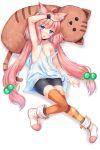  1girl ahoge animal_ears arm_on_head arm_up armpits bare_shoulders bike_shorts blue_eyes blush boots cat_ears choker collarbone flat_chest hair_bobbles hair_ornament highres hinata_channel knees_together_feet_apart long_hair low_twintails lying mismatched_legwear nekomiya_hinata no_nipples on_back open_mouth orange_legwear pink_hair shorts simple_background solo strap_slip striped striped_legwear stuffed_toy thigh-highs twintails vest virtual_youtuber watch watch white_background white_footwear white_vest yoruda 