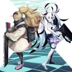  2girls backpack bag black_hair black_legwear blonde_hair blue_eyes boushi-ya coat commentary escort_water_hime full_body gambier_bay_(kantai_collection) grin hairband kantai_collection long_hair looking_at_viewer multicolored_hair multiple_girls ponytail shinkaisei-kan smile standing thigh-highs two-tone_hair violet_eyes white_hair white_legwear white_skin 