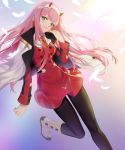  1girl black_legwear boots breasts darling_in_the_franxx eyebrows_visible_through_hair feathers green_eyes hairband hand_on_own_cheek highres horns jacket jacket_on_shoulders littleamber long_hair orange_neckwear pantyhose pink_hair smile uniform white_hairband zero_two_(darling_in_the_franxx) 
