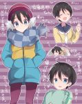  1girl :d ^_^ black_hair blue_eyes checkered checkered_scarf chikuwa_(yurucamp) closed_eyes commentary_request down_jacket earmuffs hat hidejiu jacket messy_hair open_mouth pantyhose pillow saitou_ena scarf short_hair smile striped striped_background translation_request yurucamp 