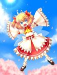 &gt;:d 1girl akira_(salmo-tora-ke) arms_up ascot black_footwear blonde_hair blue_eyes blue_sky cherry_blossoms clouds cloudy_sky commentary_request day fairy_wings fangs flying full_body hair_between_eyes hair_ribbon headdress light_rays long_sleeves looking_at_viewer mary_janes outdoors outstretched_arms outstretched_leg petals petticoat red_ribbon red_skirt ribbon ribbon-trimmed_sleeves ribbon_trim sash shirt shoes skirt sky socks solo sun sunlight sunny_milk tongue touhou two_side_up v-shaped_eyebrows white_legwear white_shirt wide_sleeves wings yellow_neckwear 