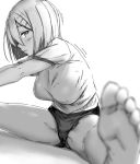  1girl aoi_chizuru barefoot bloomers blush breasts crotch feet focused from_side hair_ornament hair_over_one_eye hairclip hamakaze_(kantai_collection) kantai_collection large_breasts legs_apart looking_at_viewer monochrome shadow short_hair short_sleeves sketch solo stretch toes underwear 