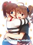  2girls ahoge blue_eyes blush bow bra_strap brown_hair dated drill_hair eyebrows_visible_through_hair hair_bow happy_birthday hug idolmaster idolmaster_million_live! kamille_(vcx68) long_sleeves looking_at_another looking_at_viewer multiple_girls one_eye_closed open_mouth red_bow satake_minako short_hair short_ponytail short_sleeves side_drill side_ponytail smile violet_eyes yokoyama_nao 