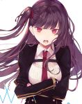  1girl bangs black_gloves blunt_bangs blush breasts buttons character_name collared_shirt crossed_arms eyebrows_visible_through_hair floating_hair girls_frontline gloves hair_ribbon half_updo large_breasts light_particles long_hair looking_at_viewer necktie one_side_up open_mouth purple_hair red_eyes red_neckwear ribbon shirt sidelocks simple_background solo striped striped_shirt tsundere tsurime very_long_hair wa2000_(girls_frontline) white_background yuizayomiya 