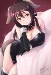  1girl animal_ears artist_name bangs black_gloves black_legwear black_leotard black_ribbon breasts brown_eyes brown_hair chin_rest cleavage closed_mouth commentary_request detached_collar dog_ears dog_tail elbow_gloves gertrud_barkhorn gloves hair_ribbon haruhata_mutsuki iron_cross leotard long_hair looking_at_viewer lying medium_breasts on_stomach pillow ribbon signature skindentation smile solo strapless strapless_leotard strike_witches tail thigh-highs twintails twitter_username world_witches_series wrist_cuffs 