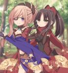  2girls :o bangs blurry blurry_background blush breasts brown_eyes brown_gloves brown_hair cleavage closed_mouth covered_navel day depth_of_field doll_joints elbow_gloves eyebrows_visible_through_hair eyepatch fan fate/grand_order fate_(series) folding_fan gloves hair_ornament hands_up highres japanese_clothes katou_danzou_(fate/grand_order) kimono kuji-in light_brown_hair long_hair long_sleeves looking_at_viewer medium_breasts miyamoto_musashi_(fate/grand_order) multiple_girls outdoors parted_lips ponytail purple_kimono sapphire_(sapphire25252) smile sparkle violet_eyes wide_sleeves 