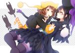  2girls bag black_cat black_dress black_hair blue_eyes blush bow brown_eyes brown_hair cat cat_tail collar dress feeding frilled_dress frills hat hibike!_euphonium holding holding_bag komugiko long_sleeves looking_at_another multiple_girls oumae_kumiko outstretched_arm over-rim_eyewear pantyhose pom_pom_(clothes) purple_bow red-framed_eyewear semi-rimless_eyewear striped striped_legwear tail tail_bow tanaka_asuka yellow_hat yuri 