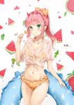  1girl :/ bangs bikini bikini_under_clothes blunt_bangs bow breasts bright_pupils candy cleavage closed_mouth collarbone cowboy_shot darling_in_the_franxx eyebrows_visible_through_hair floral_print food freckles fruit hair_bow halter_top halterneck highres holding holding_food horns innertube lollipop long_hair looking_at_viewer medium_breasts no_hairband orange_bikini orange_bow ponytail print_bikini see-through shiny shiny_hair shiny_skin shirt short_sleeves side-tie_bikini solo sparkle standing swimsuit thighs tied_shirt water water_drop watermelon watermelon_seeds wet wet_clothes wet_shirt white_background white_shirt zero_two_(darling_in_the_franxx) 