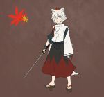  blue_eyes detached_sleeves genderswap geta hat inubashiri_momiji short_hair sword tail tengu-geta tokin_hat torinone touhou weapon white_hair wolf_ears wolf_tail 