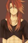  brown_background green_eyes horey long_hair luke_fon_fabre male midriff navel red_hair redhead smile tales_of_(series) tales_of_the_abyss 