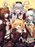  4girls :d ^_^ anger_vein animal_ears arknights bangs bear_ears beret black_jacket blonde_hair blue_eyes blue_jacket blue_nails blue_necktie blunt_bangs brown_hair candy_hair_ornament cardigan choker closed_eyes collarbone commentary_request english_text food-themed_hair_ornament fur-trimmed_jacket fur_collar fur_trim green_necktie gummy_(arknights) hair_ornament hands_up hat heart heart_hands highres istina_(arknights) jacket long_hair long_sleeves looking_at_viewer multicolored_hair multiple_girls neckerchief necktie one_eye_closed open_clothes open_jacket red_eyes red_headwear red_nails red_neckerchief redhead rosa_(arknights) sailor_collar shirt short_hair skirt smile speech_bubble star_(symbol) star_hair_ornament streaked_hair sweatdrop upper_body ursus_empire_logo white_neckerchief white_shirt wing_collar xroxxro zima_(arknights) 