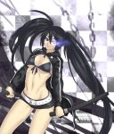  bikini_top black_hair black_rock_shooter black_rock_shooter_(character) breasts denim denim_shorts front-tie_top hoodie hotpants houtengeki long_hair scar short_shorts shorts solo sword twintails under_boob underboob uneven_twintails very_long_hair weapon 