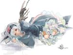  bad_id black_wings doll_joints dress flower frills gothic_lolita hairband lolita_fashion long_hair lying on_side red_eyes ribbon rose rozen_maiden silver_hair solo suigintou wings 