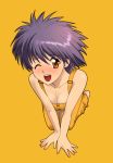  bare_shoulders barefoot blush breasts cleavage collarbone collarbones foreshortening hands highres kikumaru_bunta naked_overalls open_mouth original overalls purple_hair short_hair simple_background smile solo wink 