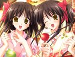  black_hair candy_apple game_cg japanese_clothes kimono open_mouth siblings twins wink yellow_eyes yukata yuzuki_saki yuzuki_saya 