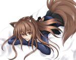  brown_hair dress fang holo long_hair lying red_eyes spice_and_wolf tail wolf_ears 